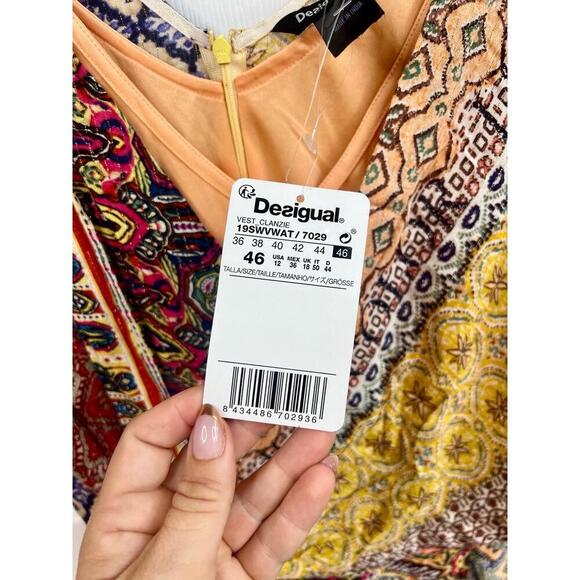 Desigual Dress Size EU 46 Multi-Color Patchwork Bohemian V-Neck Vibrant Eclectic - Picture 7 of 15